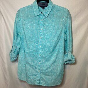 Tommy Hilfiger Teal Paisley Button Up Shirt Women’s Small Boho Preppy y2k